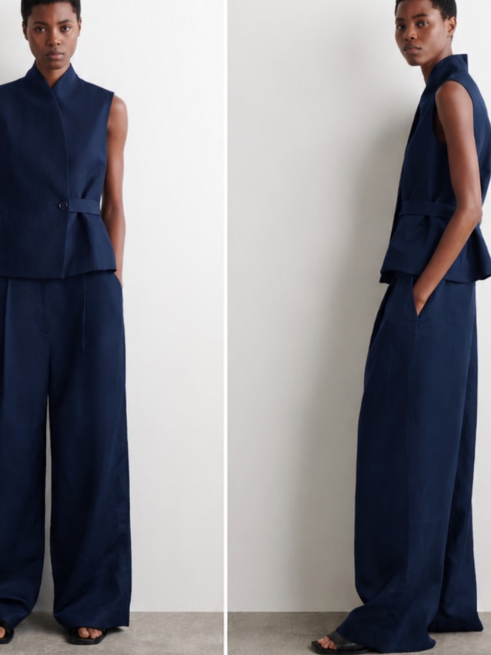 Cos Relaxed Pleated Linen-Blend Wide-Leg Pants — Navy